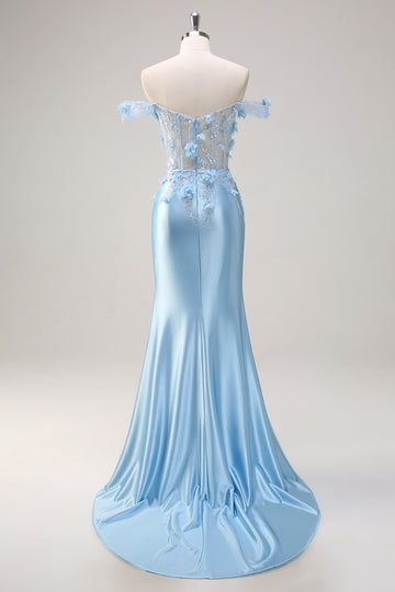 Himmelblå havfrue Off The Shoulder Korsett Floral Lang Ballkjole med 3D-blomster